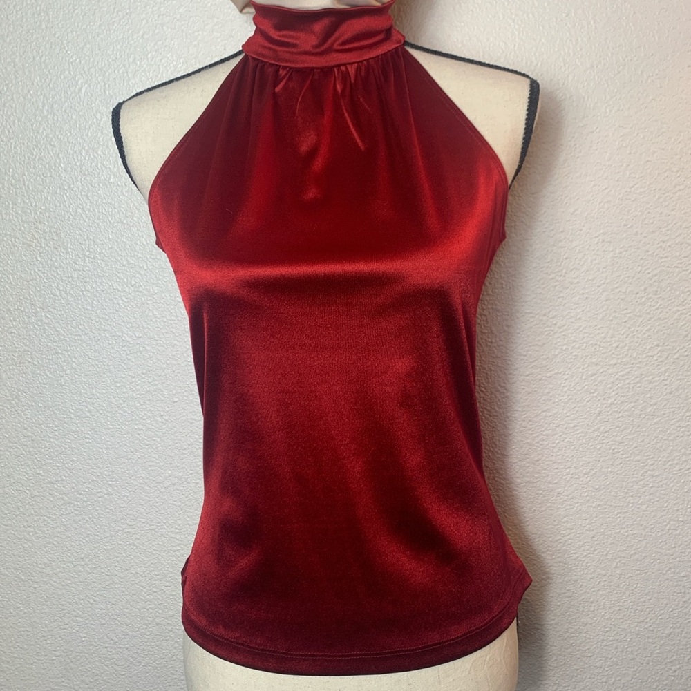 Metallic Red stretch satin racerback mock neck holiday blouse